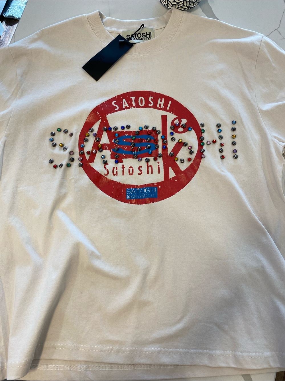 White Short Sleeve Logo Tee with Embellished Studs